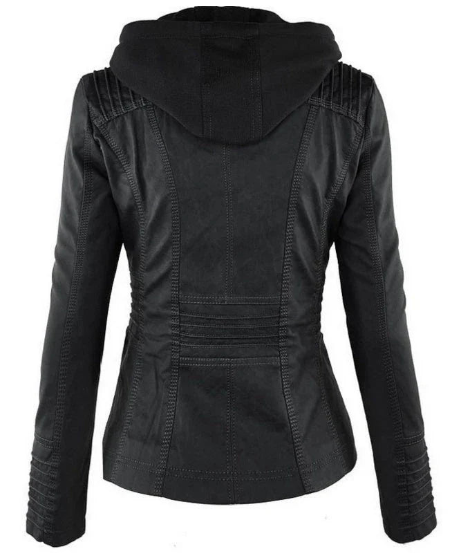 Versatile hooded leather jacket with spacious pockets and a sleek, sophisticated design for women