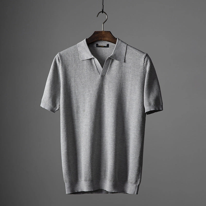 Men's V knit lapel short sleeve top in cotton, available in blue, navy blue, and grey