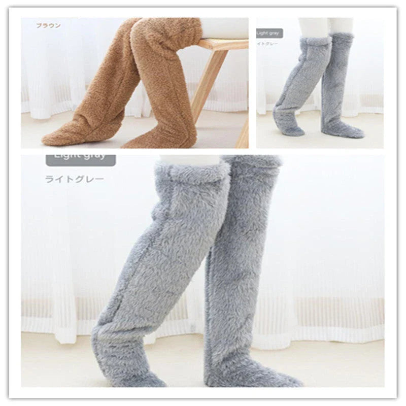 Cozy over-the-knee fuzzy socks in various colors, including brown, blue, dark gray, and pink purple