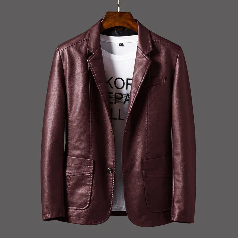 A stylish leather jacket with a unique studded lapel design, perfect for autumn and winter wear.