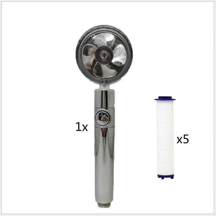 A high-pressure shower head with a stop button, cotton filter, and powerful water pressure for a luxurious bathing experience.