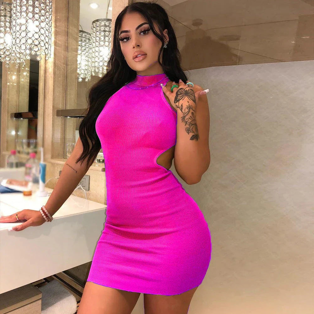 Elegant high neck cocktail dress with unique wrapped back design, available in various colors and sizes