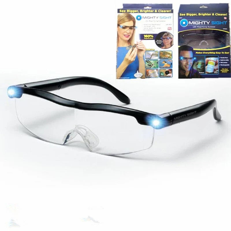 USB-powered reading glasses with transparent frame and integrated LED lighting for improved visibility and reduced eye strain