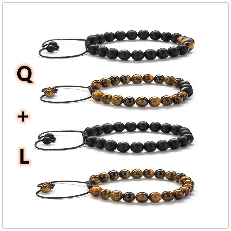 Matte black agate beads and tiger eye couple bracelets with geometric design