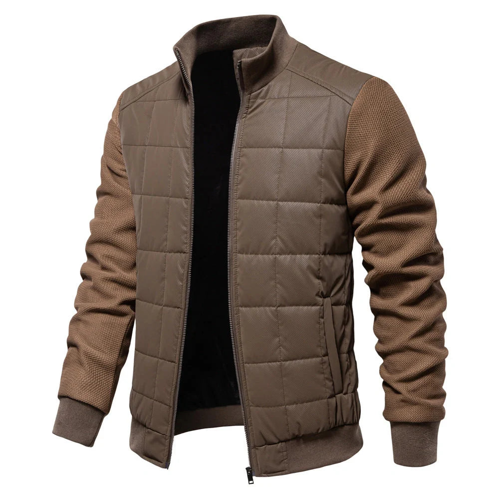 Stylish men's winter jacket with unique stitching design, stand collar, and variety of classic colours