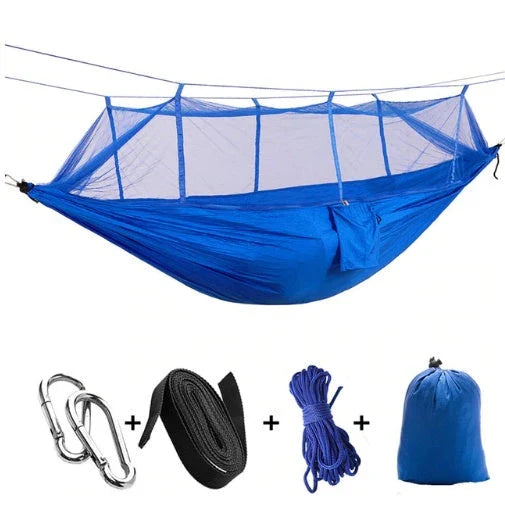 Versatile parachute hammock with mosquito net for outdoor camping and relaxation