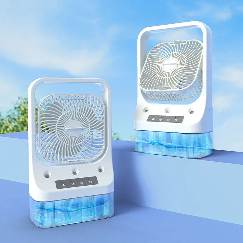 USB rechargeable cooling fan with water tank, adjustable airflow, and colorful night lights for enhanced indoor climate control