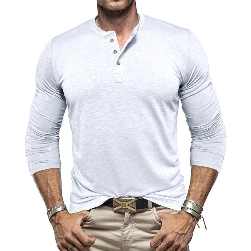 Men's Long-sleeved Henry Collar T-shirt in slub cotton, available in multiple colours