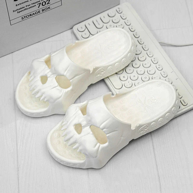Spooky skull-designed slippers in various colors and sizes for indoor, outdoor, and beach wear