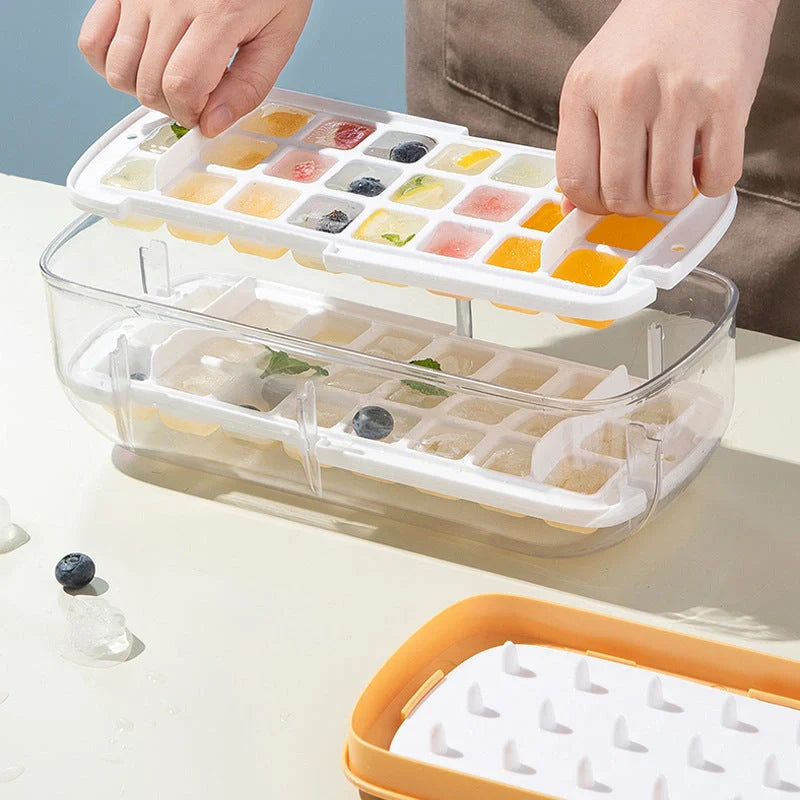 Quick demould ice cube tray set with storage box in yellow, blue, and pink