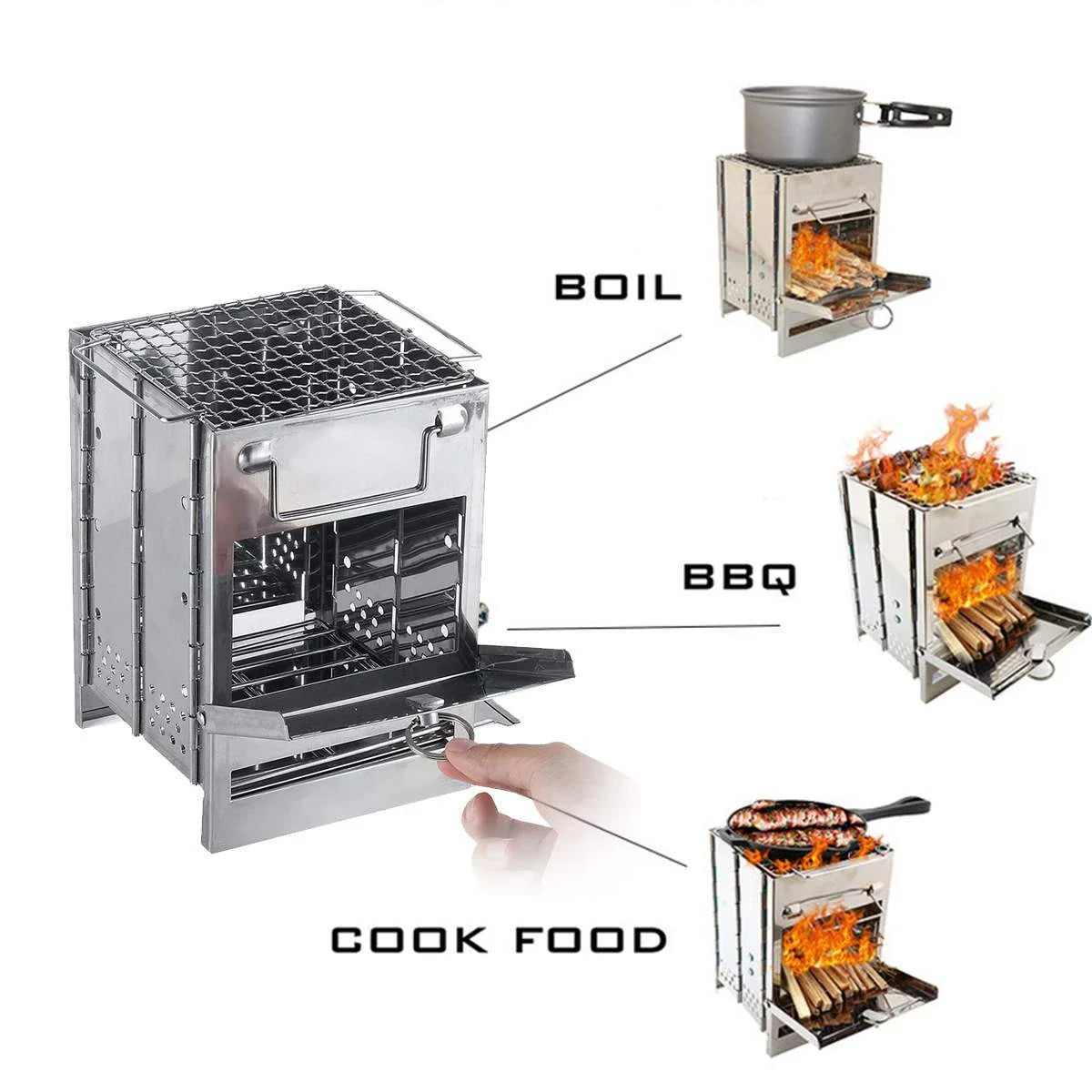 Compact and portable camping stove made of durable stainless steel with a folding design for versatile outdoor cooking