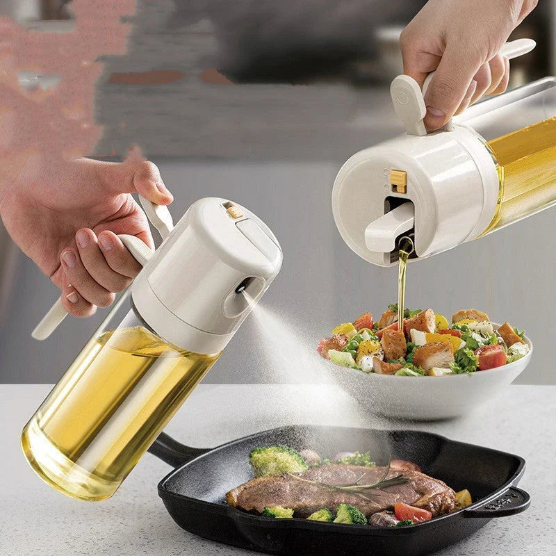 Versatile 2-in-1 Oil Sprayer Bottle with automatic opening, dual pouring and spraying modes, and easy cleaning design
