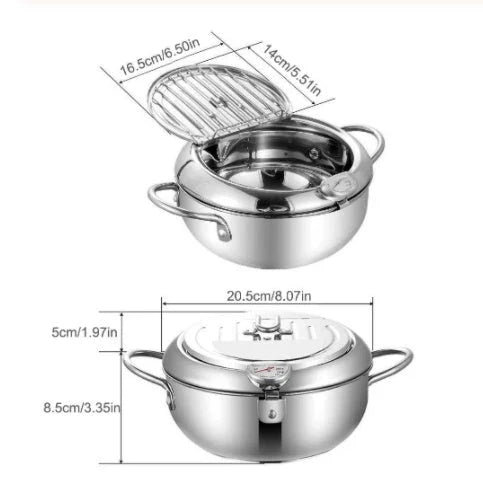 Premium stainless steel folding fryer with thermometer, perfect for frying french fries and other crispy dishes