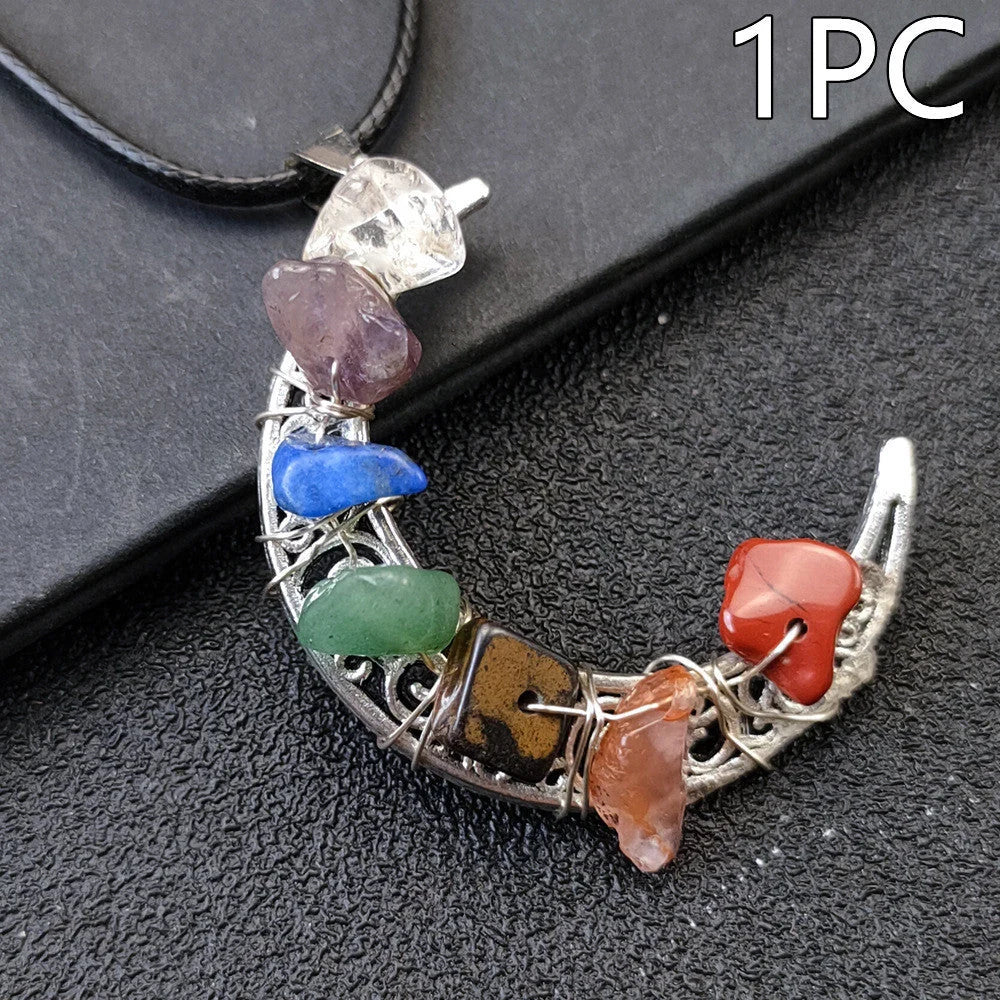 Seven Chakras Crystal Moon Pentagram Necklace in bohemian style
