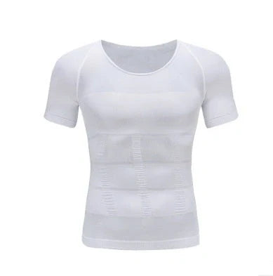 Men's compression t-shirt for fitness with belly support in navy blue, black, and white