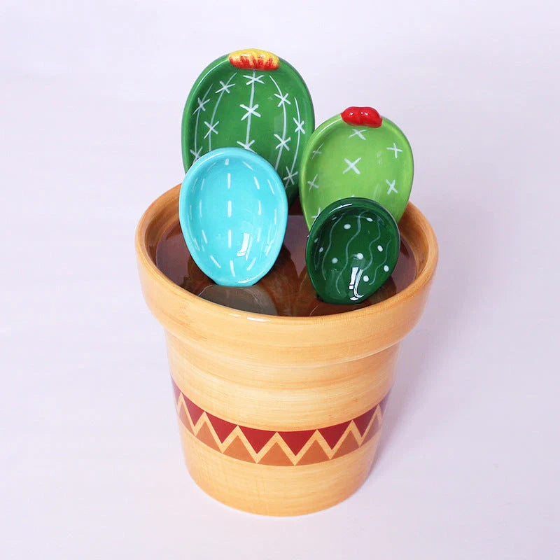 Ceramic measuring spoons set with wave-patterned base and color-coded spoons for precise ingredient portioning in the kitchen