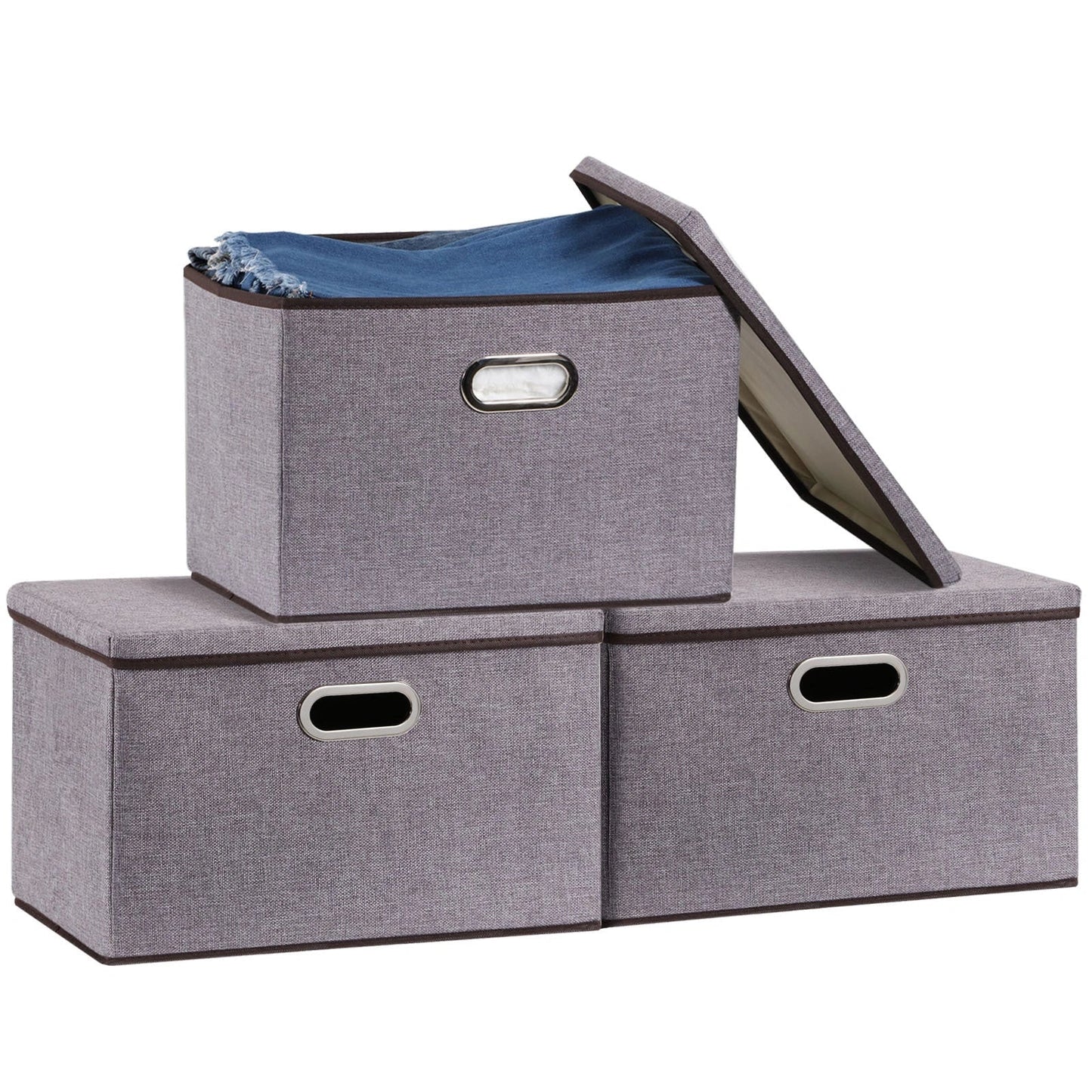 Large folding storage box set in cotton and linen, 44x30x30cm, grey colour