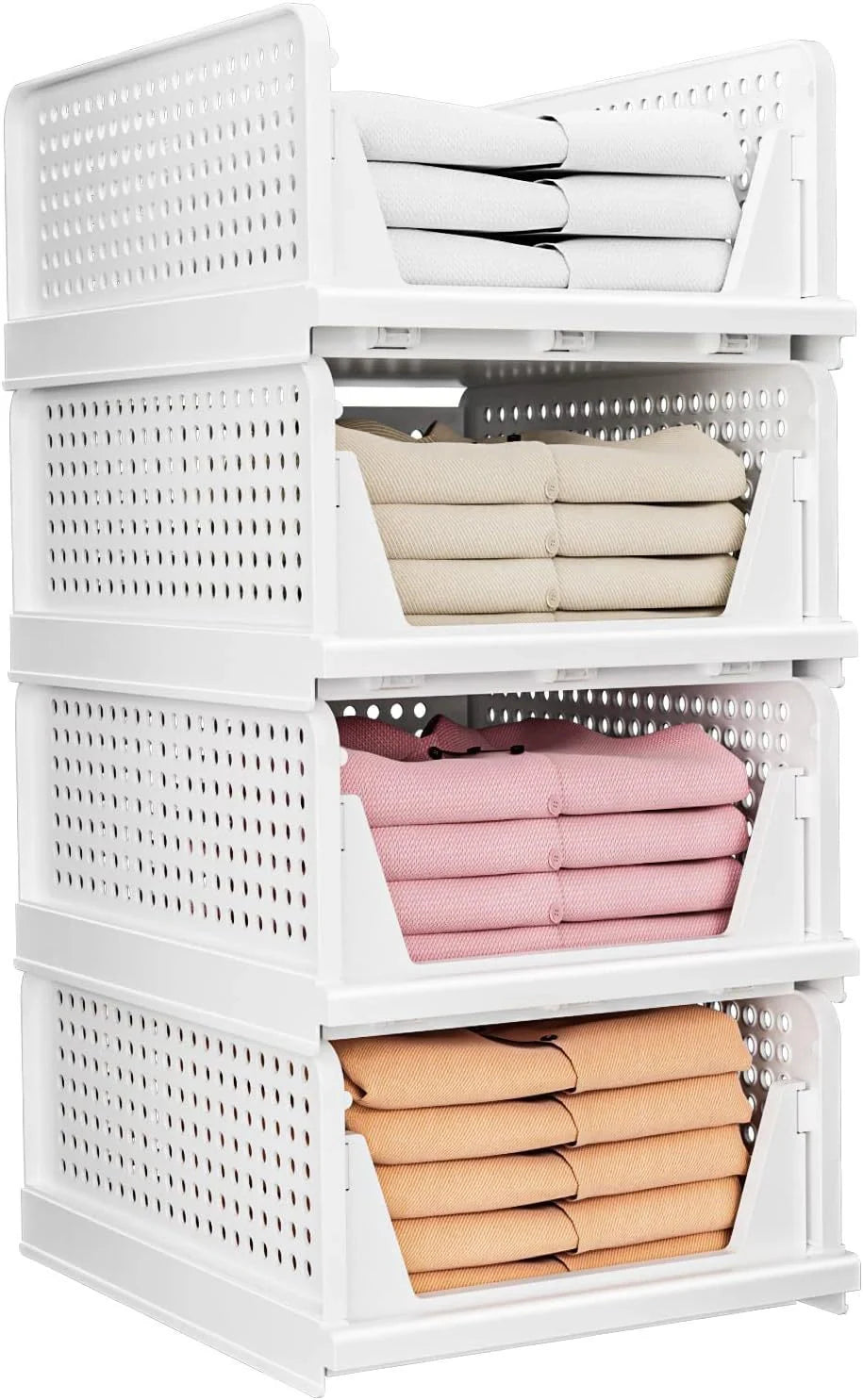 Stackable plastic clothes storage drawers in white, available in various sizes for customisable organisation