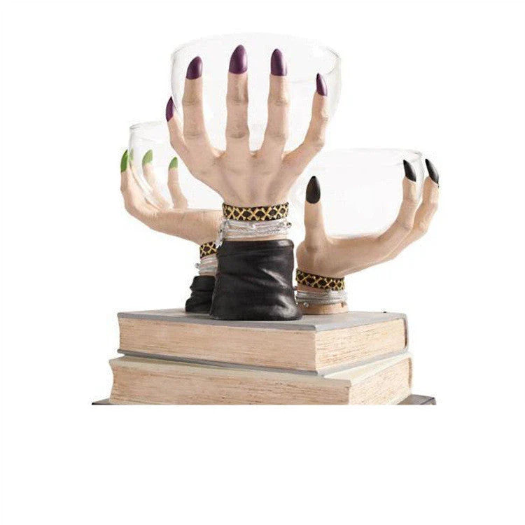 Bewitching Halloween snack bowl stand with transparent bowls and unique witch's hand design