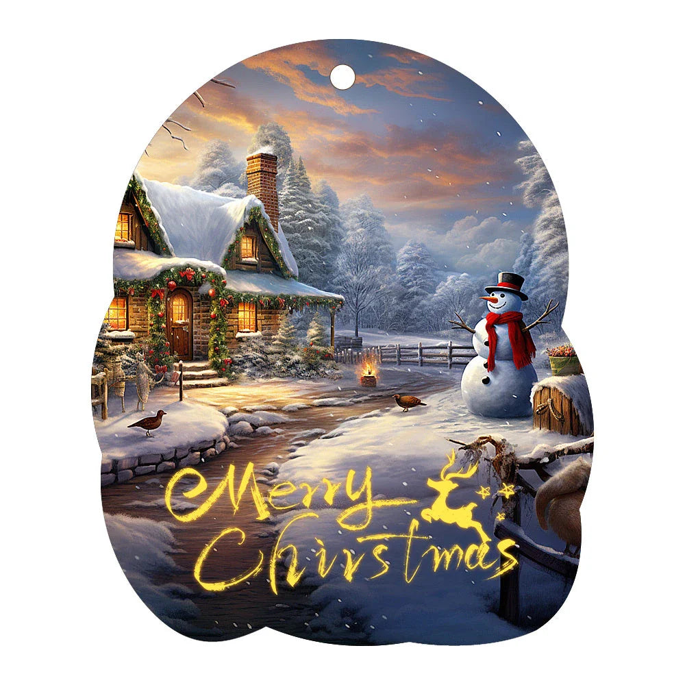 Festive car ornament hanging from rearview mirror with Christmas designs