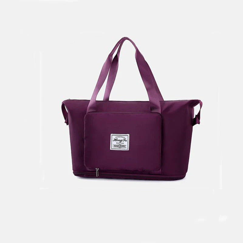 Expandable travel duffel bag with adjustable shoulder strap, multiple interior pockets, and water-resistant Oxford cloth material