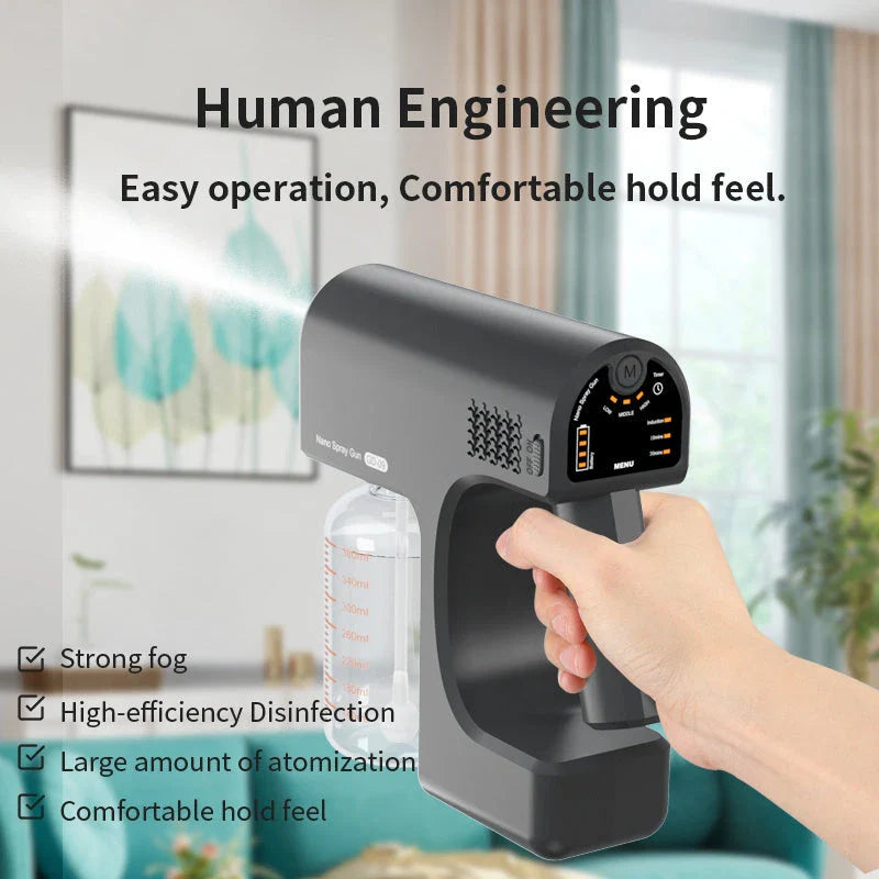 Powerful cordless disinfecting sprayer with rechargeable battery, adjustable spray settings, and compact portable design for thorough home sanitization