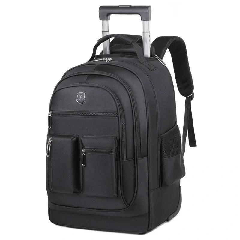 Durable, waterproof trolley backpack with single-directional wheel for smooth mobility and ample storage space for British travellers