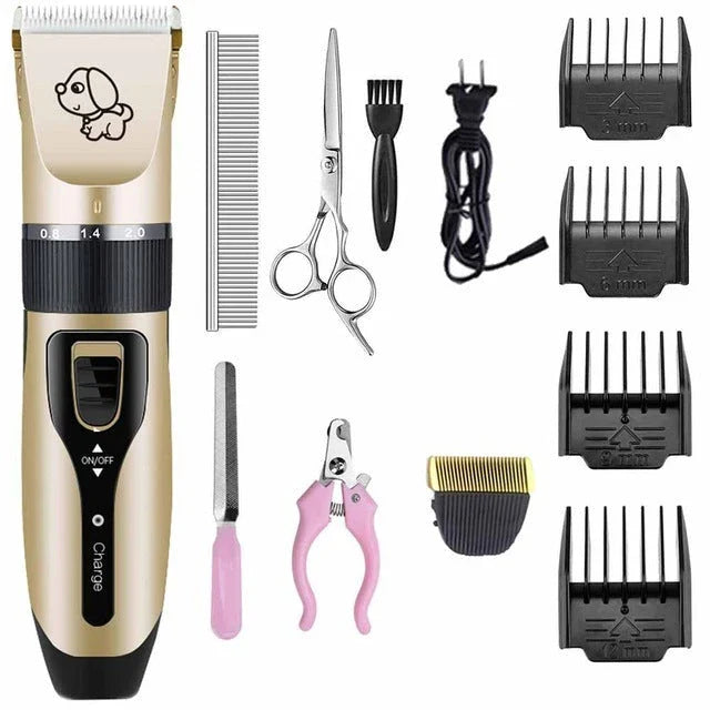 A precision dog hair trimmer with a quiet motor, featuring five speed settings, a titanium alloy fixed knife, and a long-lasting rechargeable battery for a stress-free grooming experience.