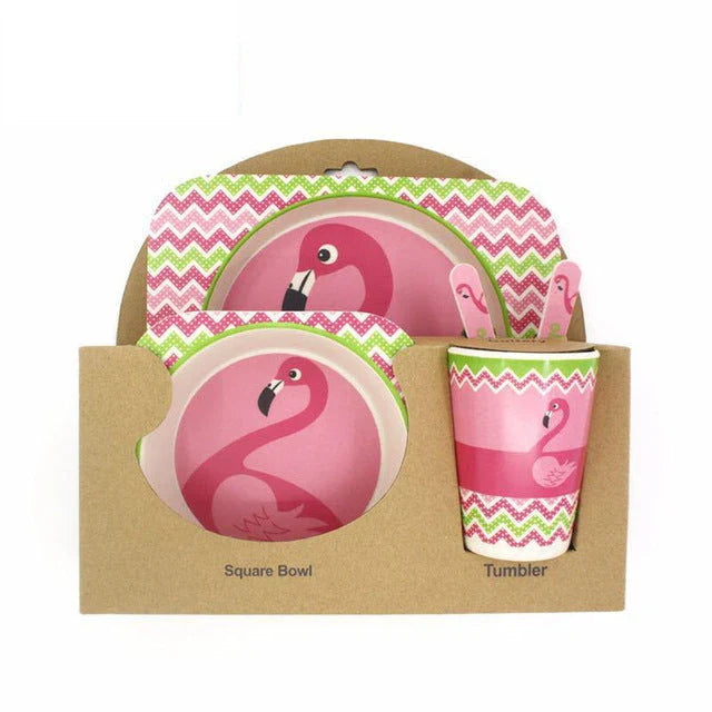 Five-piece bamboo fibre children's tableware set with plates, bowls, cups, spoons, and forks in various animal-themed designs