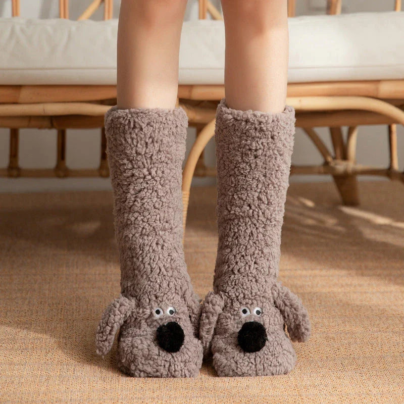 Cozy cartoon dog-patterned floor socks in various colors for comfortable winter wear