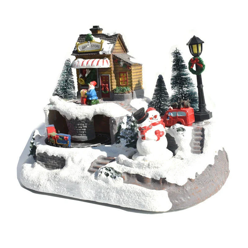 Glowing Christmas village decoration with rotating Snowman, Santa, and children, surrounded by colorful lights and playing festive music