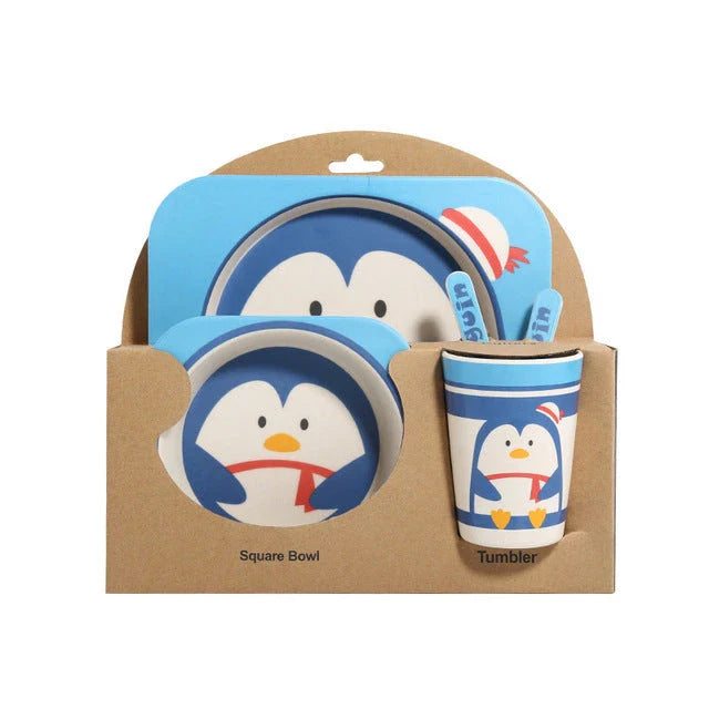 Five-piece bamboo fibre children's tableware set with plates, bowls, cups, spoons, and forks in various animal-themed designs