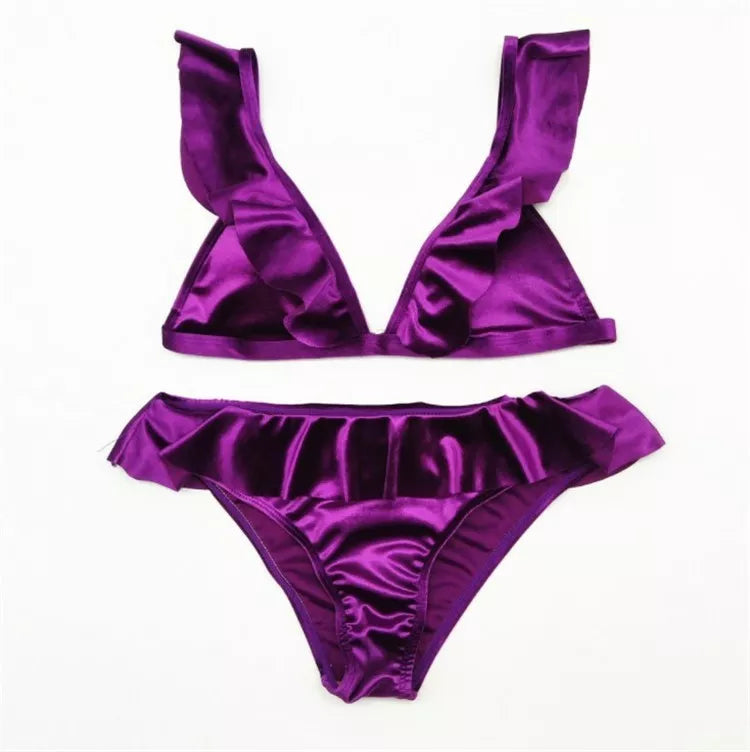 Women's Ice Velvet Ruffle Bikini Set in various colours with chest pad