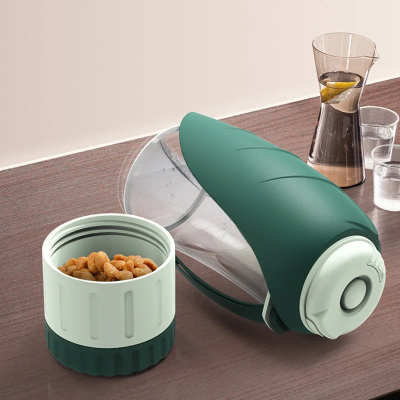 Portable pet water bottle with collapsible silicone bowl, perfect for traveling with dogs and providing hydration and meals on the go