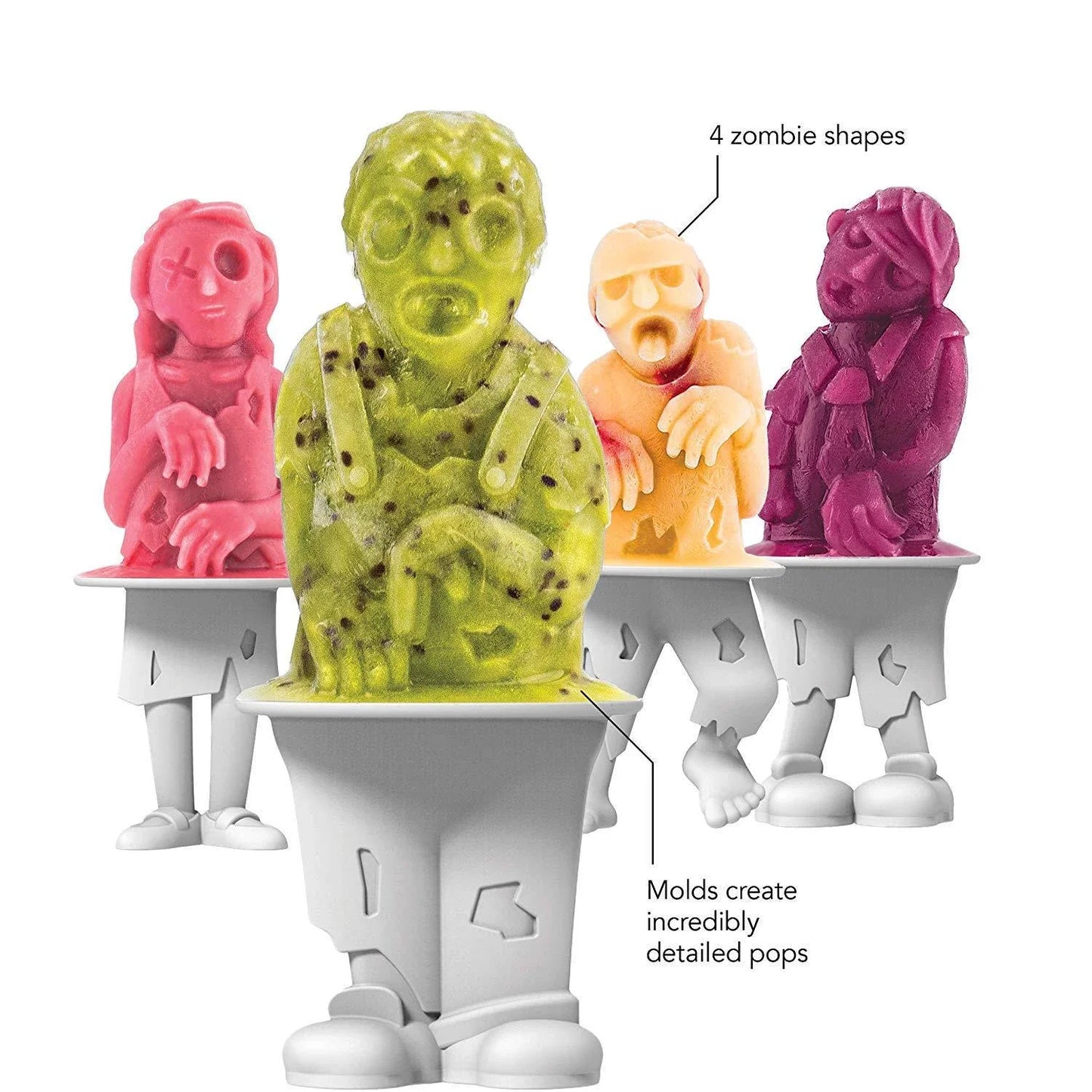 Zombie-themed popsicle mould with four unique ice lolly designs and skeleton-shaped sticks