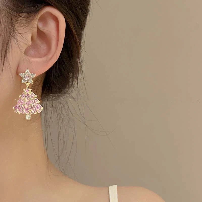 Elegant Christmas tree earrings with sparkling zircon stones, perfect for festive celebrations