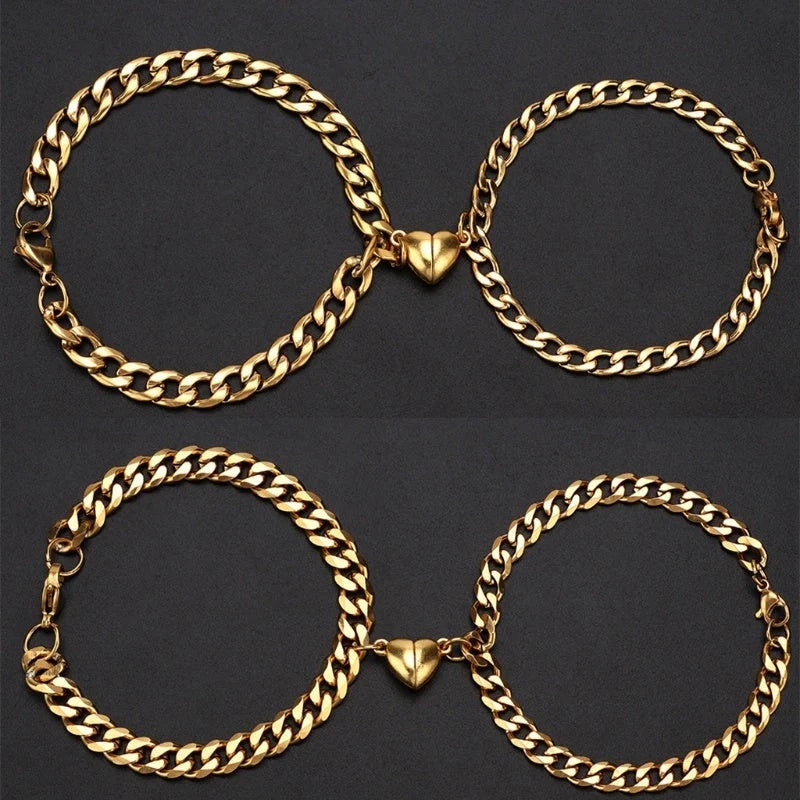 Elegant titanium steel couple bracelets with heart design, perfect for love gifts.