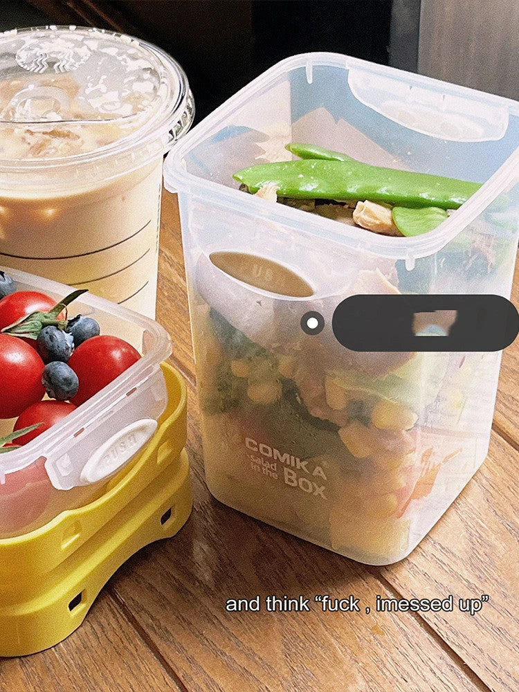 Dual-layer meal prep container with separate compartments and leak-proof lid, available in yellow and cream white colors
