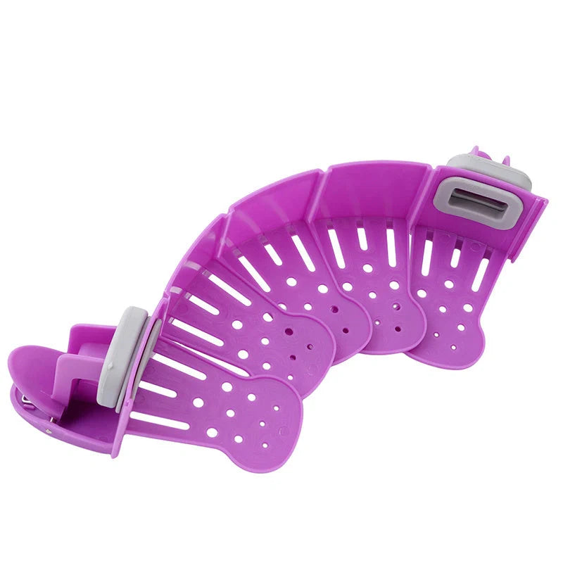 Universal Silicone Clip-on Pan Pot Strainer in purple and green, showcasing its compact design and clip mechanism