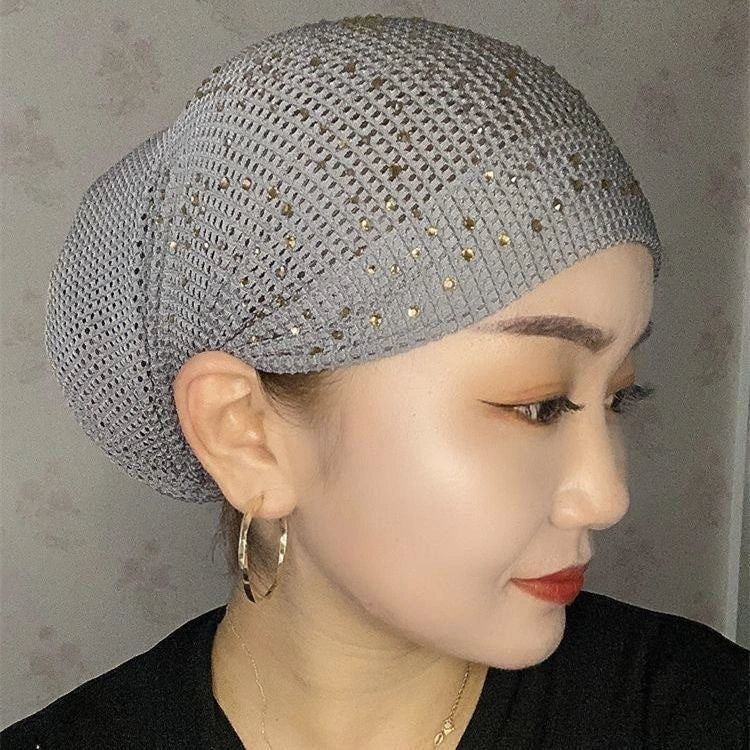 Stylish knitted beanie with elegant hot drilling pattern in various colours, including black, grey, wine red, ancient purple, and deep khaki