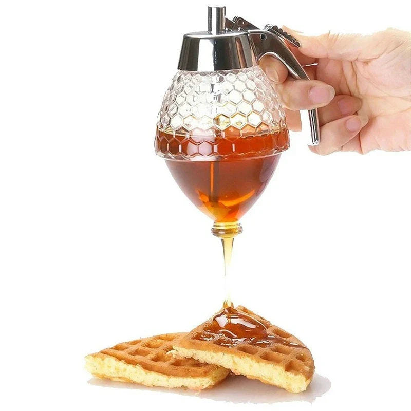 Premium acrylic honey dispenser with transparent body and precise spout for drip-free honey serving