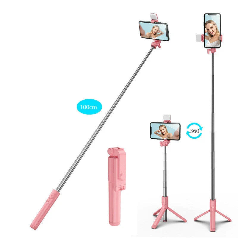 Premium Bluetooth Selfie Stick with 360-degree Rotation, Integrated Tripod, and Fill Light for iOS Devices
