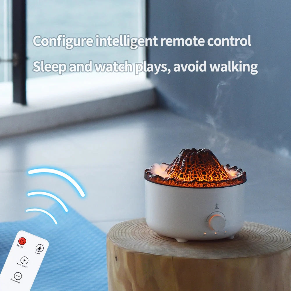 Small simulated flame volcano humidifier with aroma diffuser and remote control