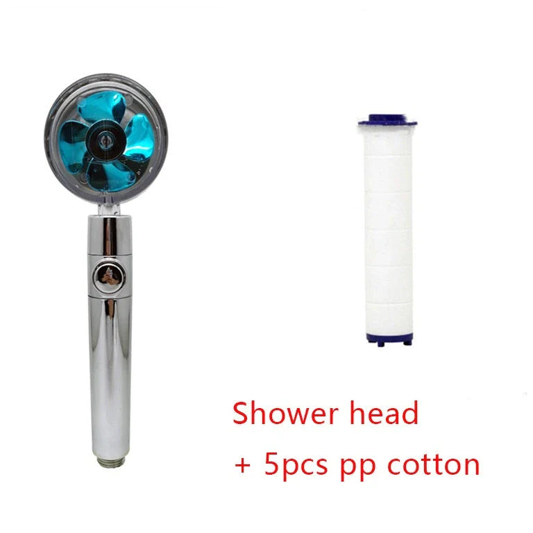 360-degree rotating high-pressure shower head with built-in fan and adjustable water spray