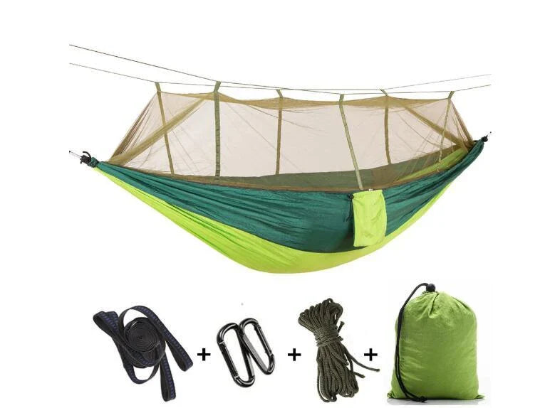 Versatile parachute hammock with mosquito net for outdoor camping and relaxation