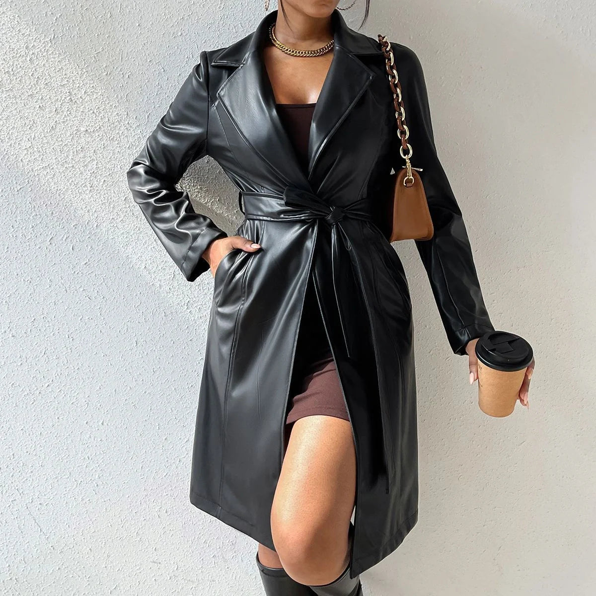 Stylish slim-fit PU leather trench coat for women in various colours, including black, brown, rose red, and wine red.