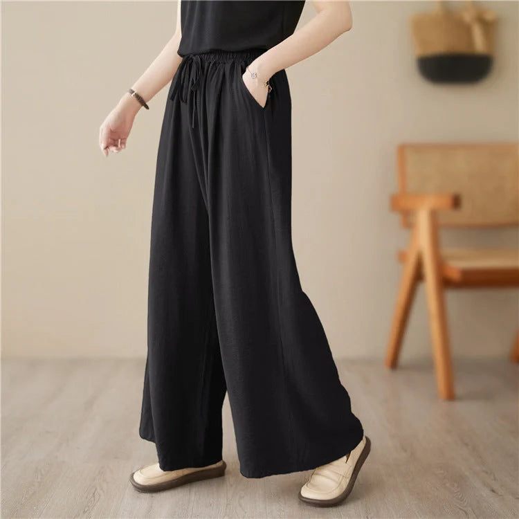 Stylish plus size wide leg straight casual trousers in black, light khaki, and blue green