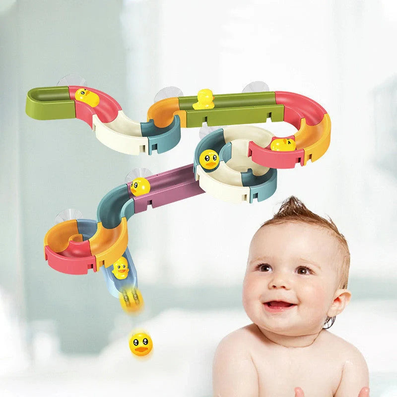 DIY baby bath toys set with marble race run track and automatic sprinkler