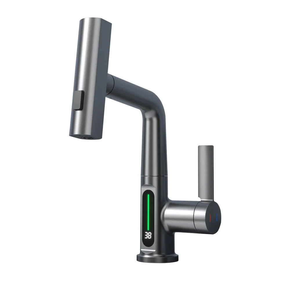 Versatile digital kitchen faucet with temperature display, 360-degree swivel, and pull-out design for enhanced maneuverability and precise water temperature control
