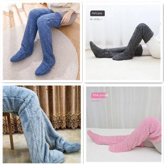 Cozy over-the-knee fuzzy socks in various colors, including brown, blue, dark gray, and pink purple